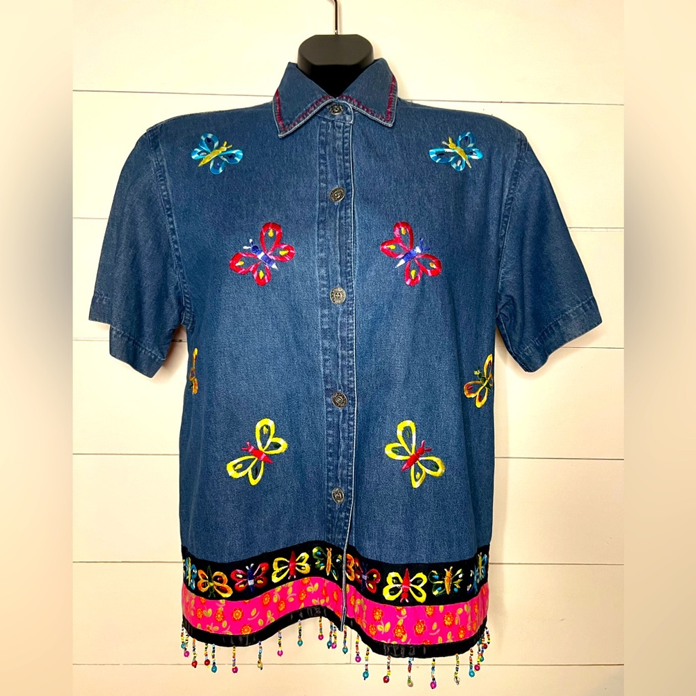 New Directions Denim Embroidered Beaded Top Small Butterflies 100% cotton USA